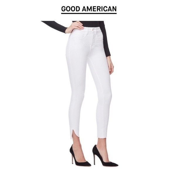 Good American Good Legs Crop Jeans 4 27 High Rise Stretch White W001 Raw Hem